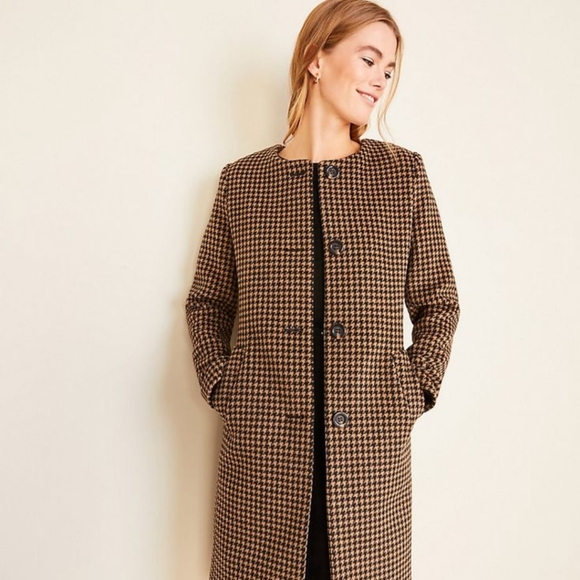 Ann Taylor Jewel Neck Black and Brown Houndstooth Coat - Picture 1 of 5